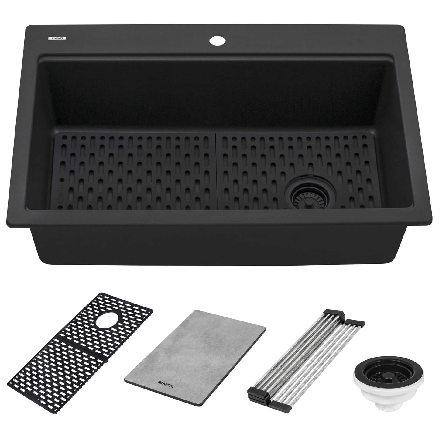 Ruvati epiStage 33" Workstation Drop-in Granite Kitchen Sink RVG1302BK in dramatic Midnight Black with accessories.