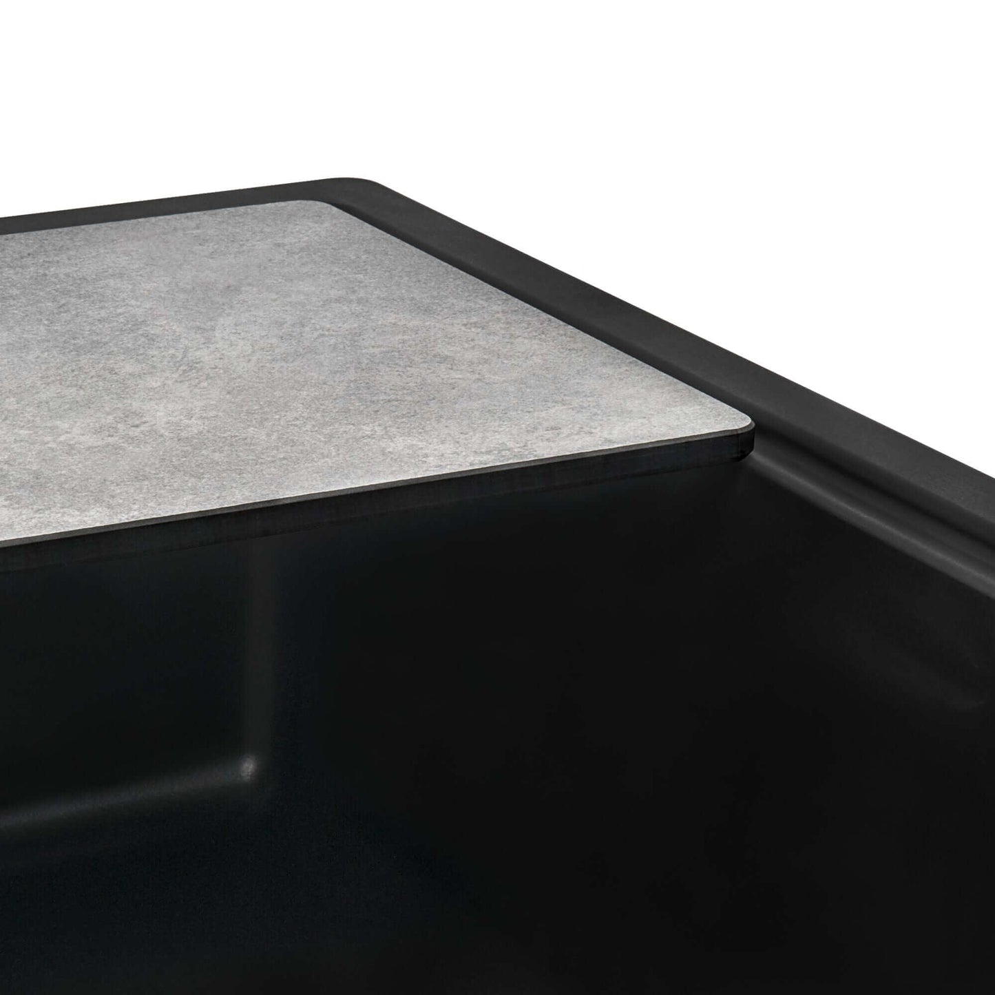 Ruvati epiStage 33" Workstation Drop-in Granite Kitchen Sink RVG1302BK with gray composite cutting board.