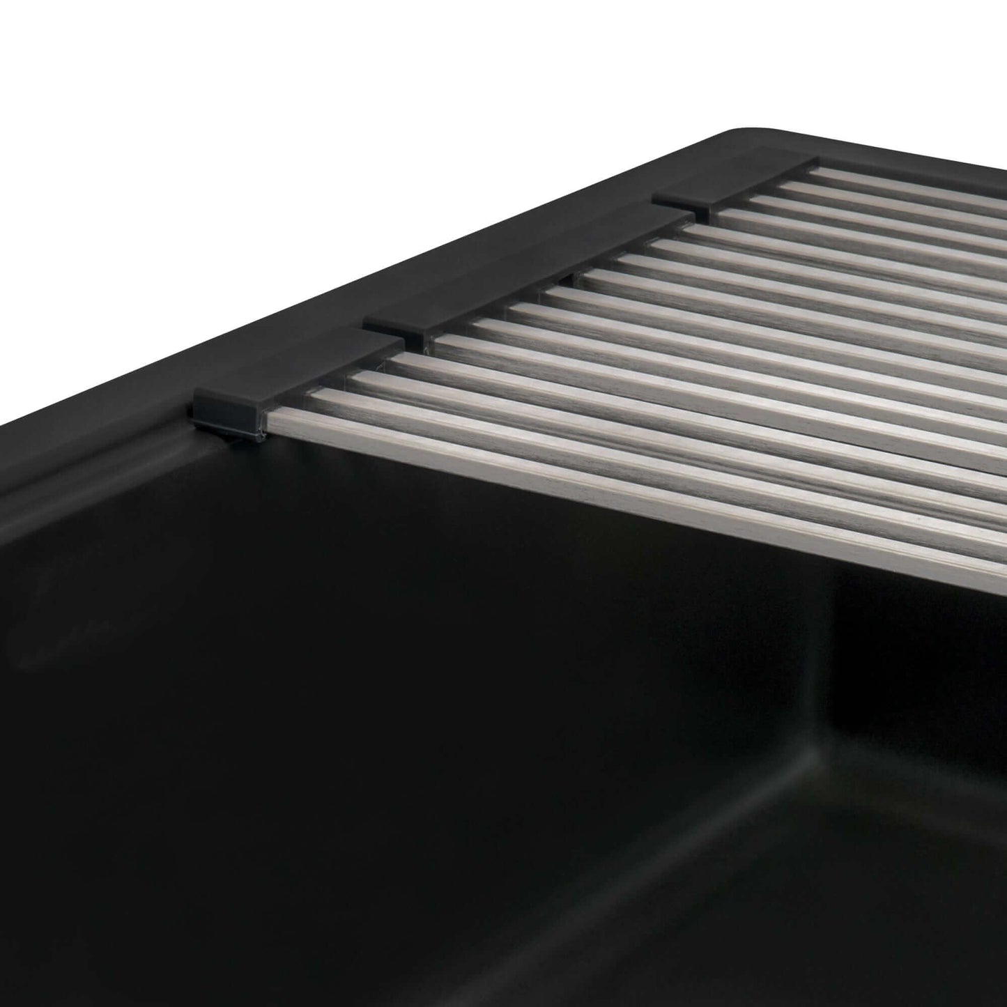 Ruvati epiStage 33" Workstation Drop-in Granite Kitchen Sink RVG1302BK with stainless steel accessories.