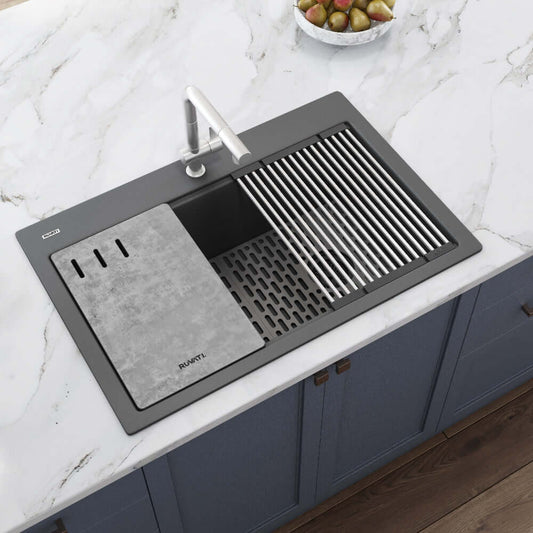 Ruvati epiStage 33" Workstation Drop-in Granite Kitchen Sink RVG1302UG with modern design on marble countertop