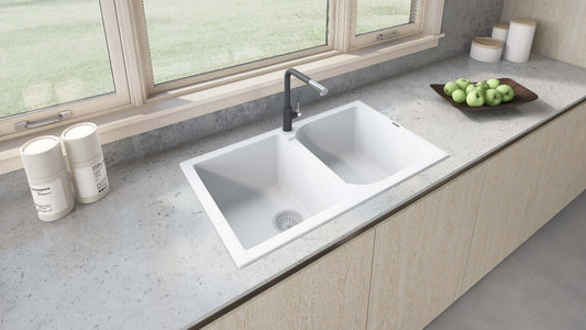Ruvati epiGranite 34" Double Bowl Granite Composite Kitchen Sink RVG1319WH in modern kitchen setting.