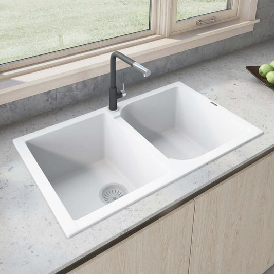 Ruvati epiGranite 34" Double Bowl Granite Composite Kitchen Sink RVG1319WH installed in a modern kitchen setting.