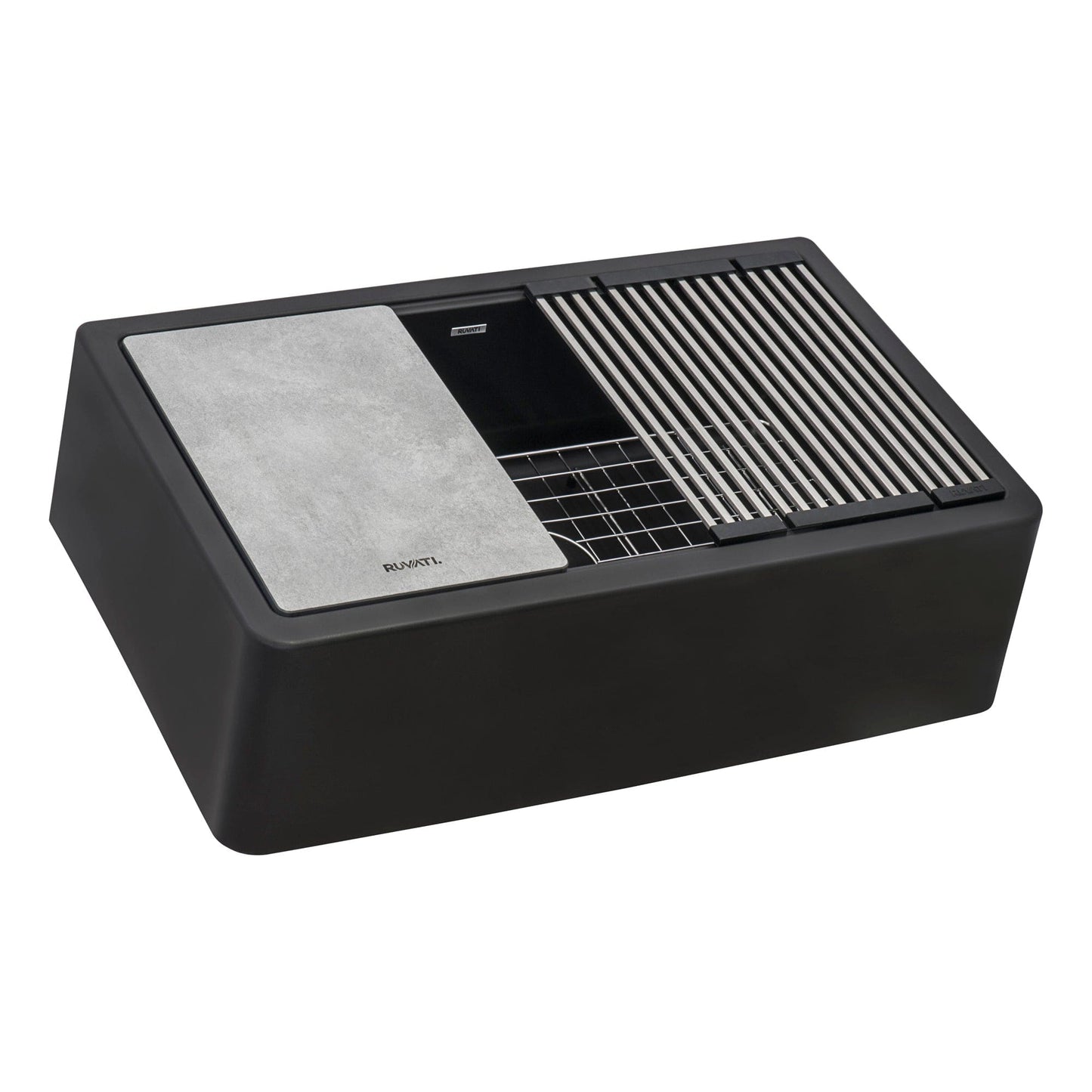 Ruvati epiCast 33" Workstation Composite Granite Kitchen Sink RVG1533BK in dramatic Midnight Black finish.