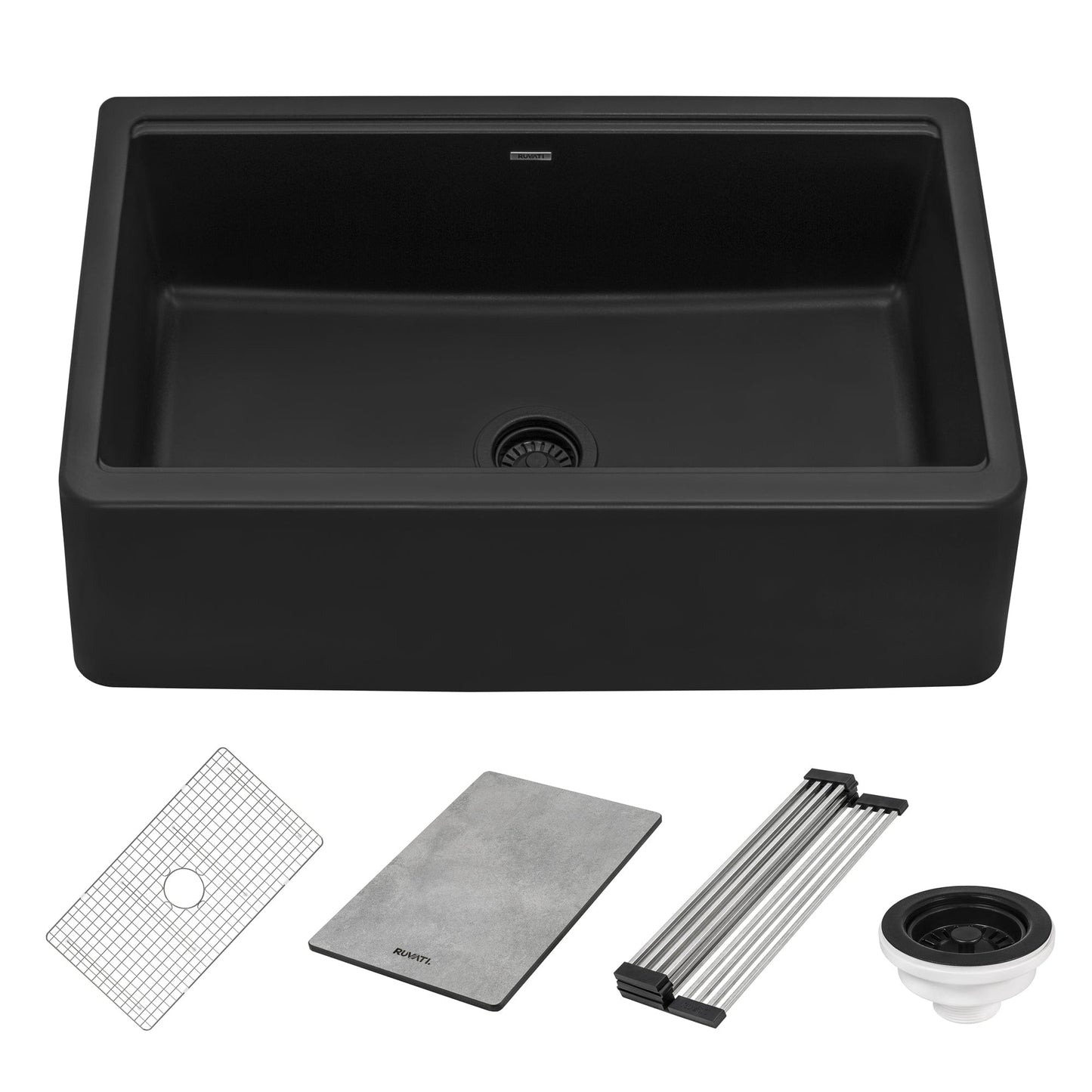 Ruvati epiCast 33" Workstation Composite Granite Kitchen Sink RVG1533BK in Midnight Black with accessories.