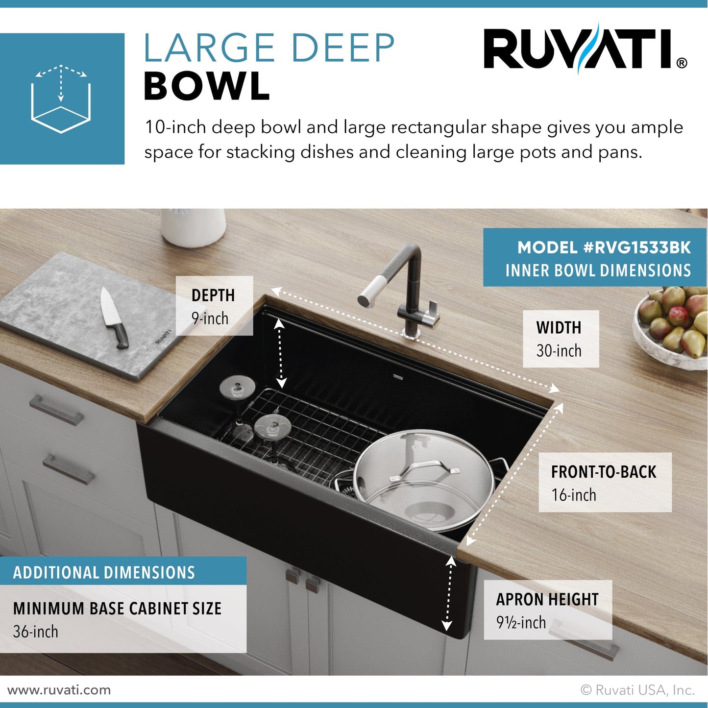Ruvati epiCast 33" Workstation Composite Granite Kitchen Sink RVG1533BK with large deep bowl dimensions