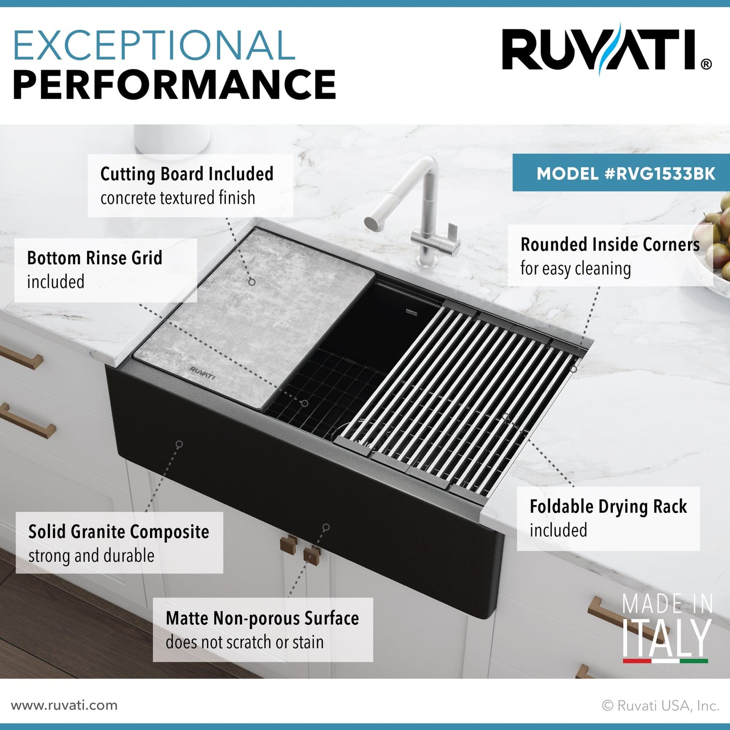 Ruvati epiCast 33" Workstation Composite Granite Kitchen Sink RVG1533BK features exceptional performance and stylish design.