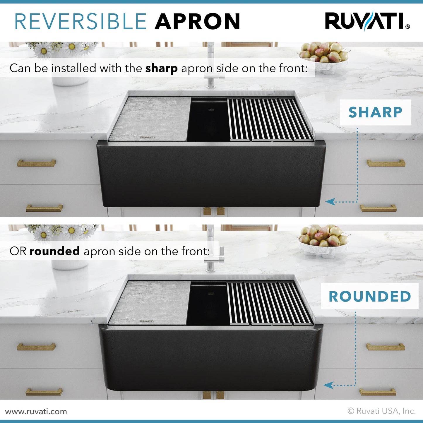 Ruvati epiCast 33" Workstation Composite Granite Kitchen Sink RVG1533BK with reversible apron sides sharp and rounded