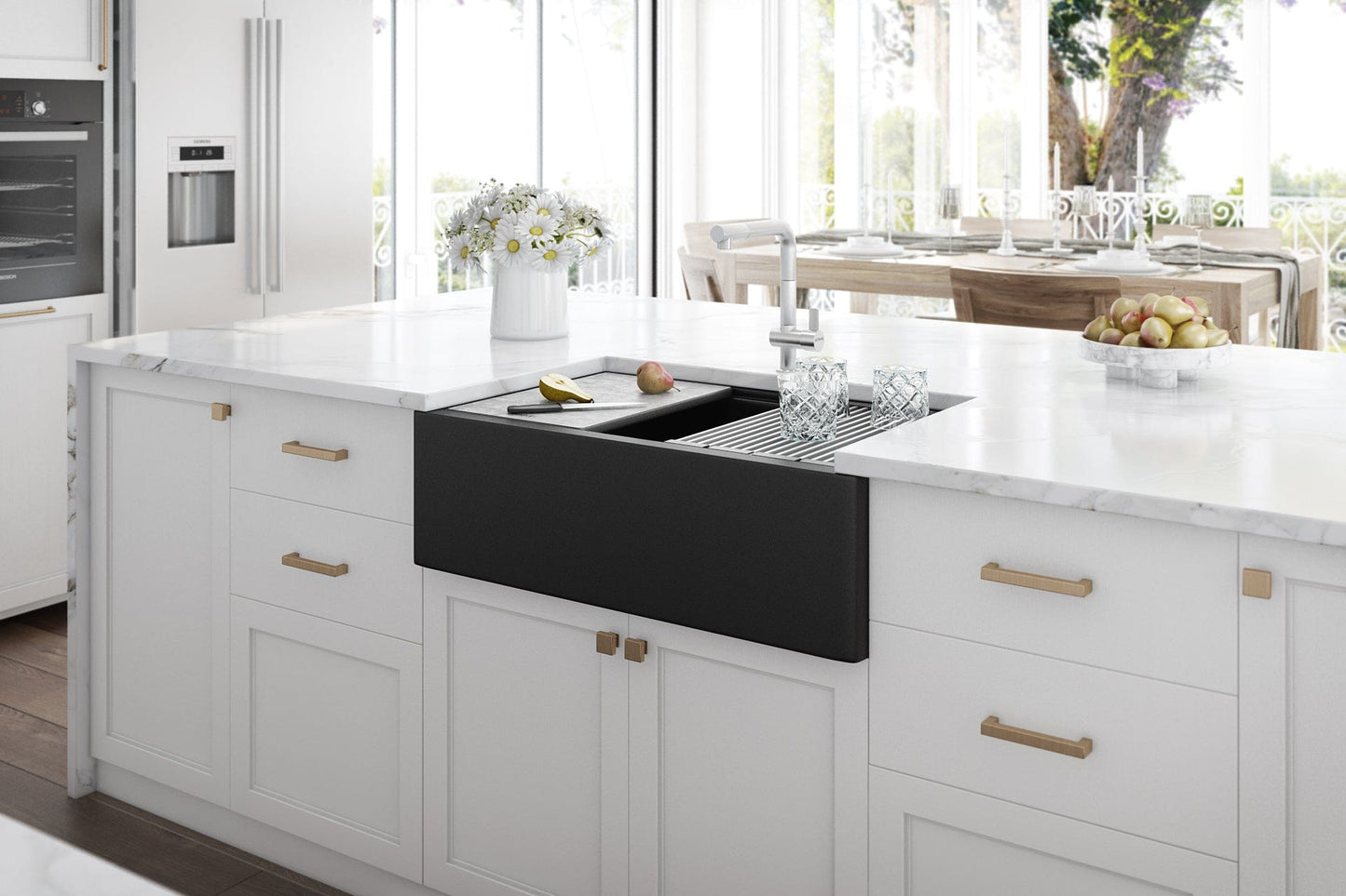 Ruvati epiCast 33" Workstation Composite Granite Kitchen Sink RVG1533BK in modern kitchen with white cabinetry.