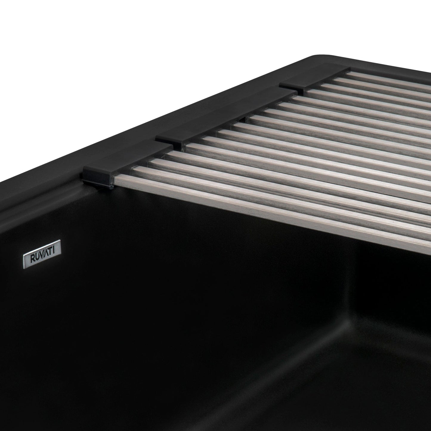 Ruvati epiCast 33" Workstation Composite Granite Kitchen Sink RVG1533BK with metal grate detail in Midnight Black finish.