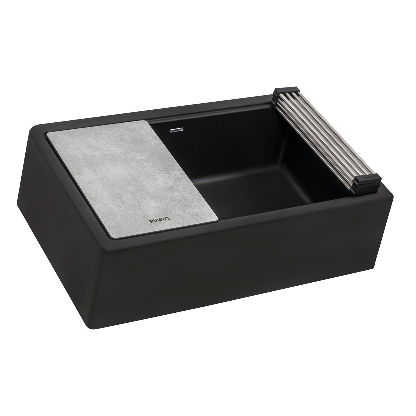 Ruvati epiCast 33" Workstation Composite Granite Kitchen Sink RVG1533BK in stylish Midnight Black finish with accessory.