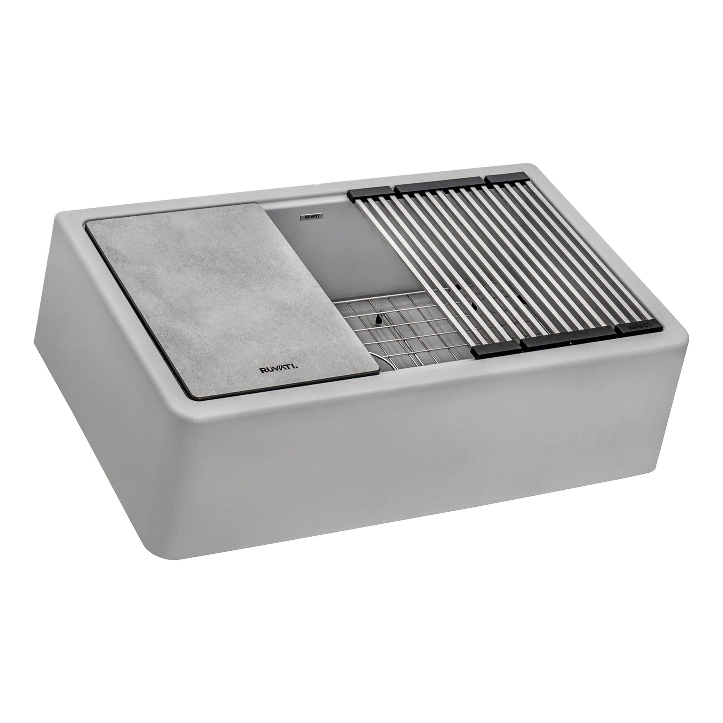Ruvati epiCast 33" Workstation Composite Granite Kitchen Sink RVG1533GR in Silver Gray finish with innovative features.
