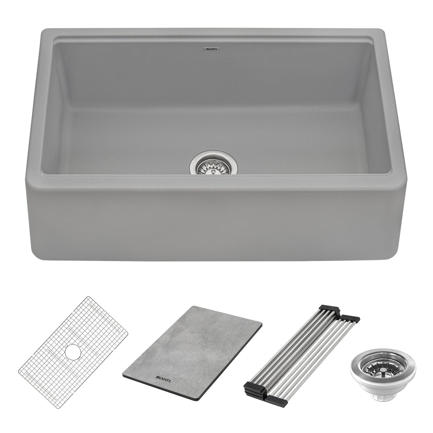 Ruvati epiCast 33" Workstation Composite Granite Kitchen Sink RVG1533GR with accessories in Silver Gray finish.