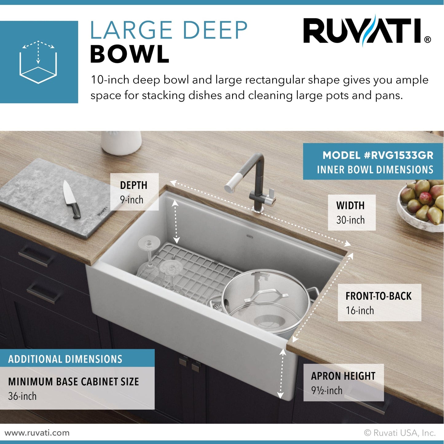 Ruvati epiCast 33" Workstation Composite Granite Kitchen Sink RVG1533GR large deep bowl dimensions and features.