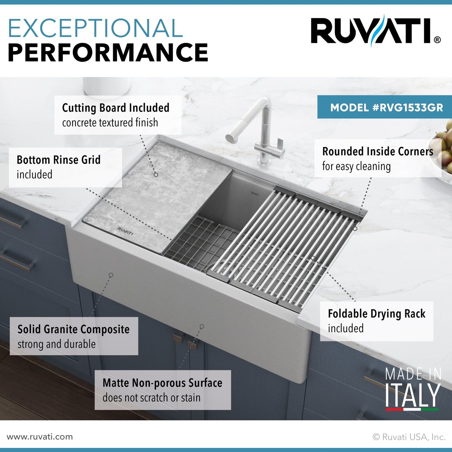 Ruvati epiCast 33" Workstation Composite Granite Kitchen Sink RVG1533GR with cutting board and foldable drying rack.