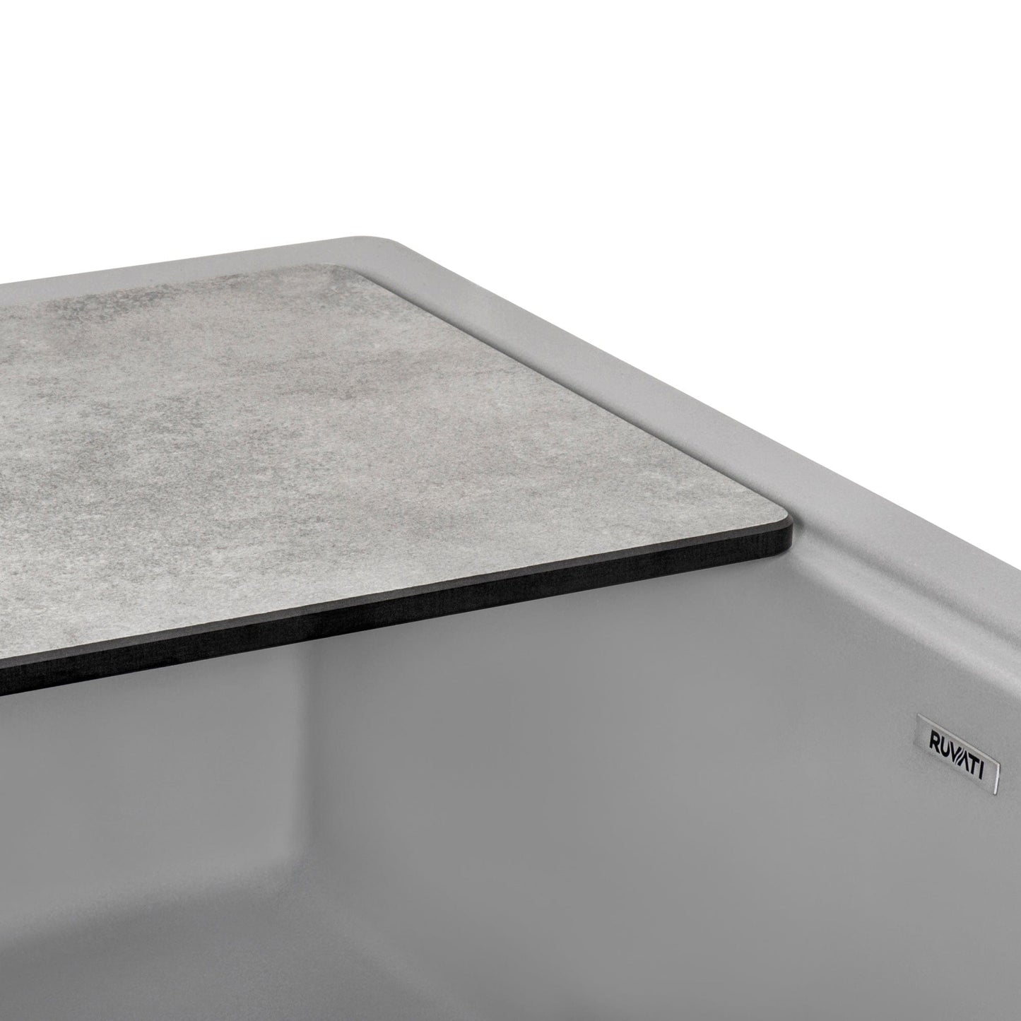 Ruvati epiCast 33" Workstation Composite Granite Kitchen Sink RVG1533GR with sleek Silver Gray finish.