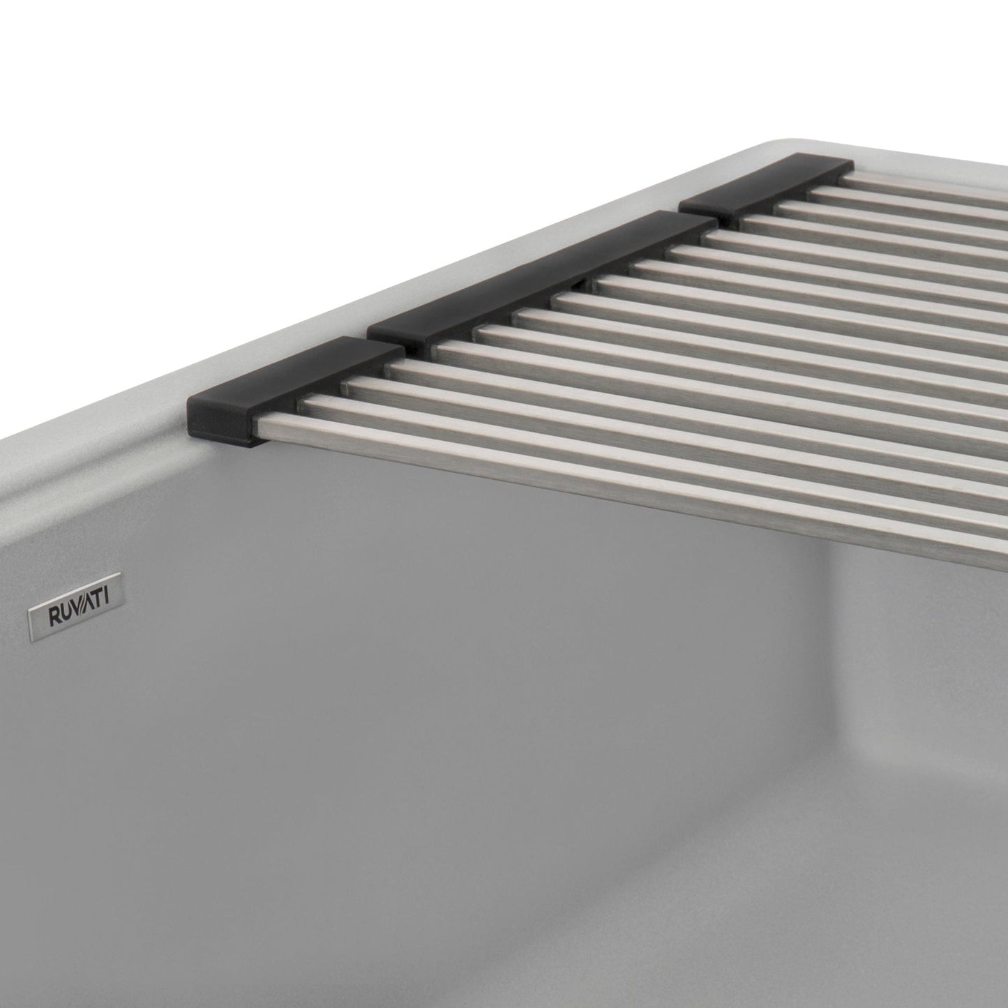 Ruvati epiCast 33" Workstation Composite Granite Kitchen Sink RVG1533GR with stylish stainless steel rack.