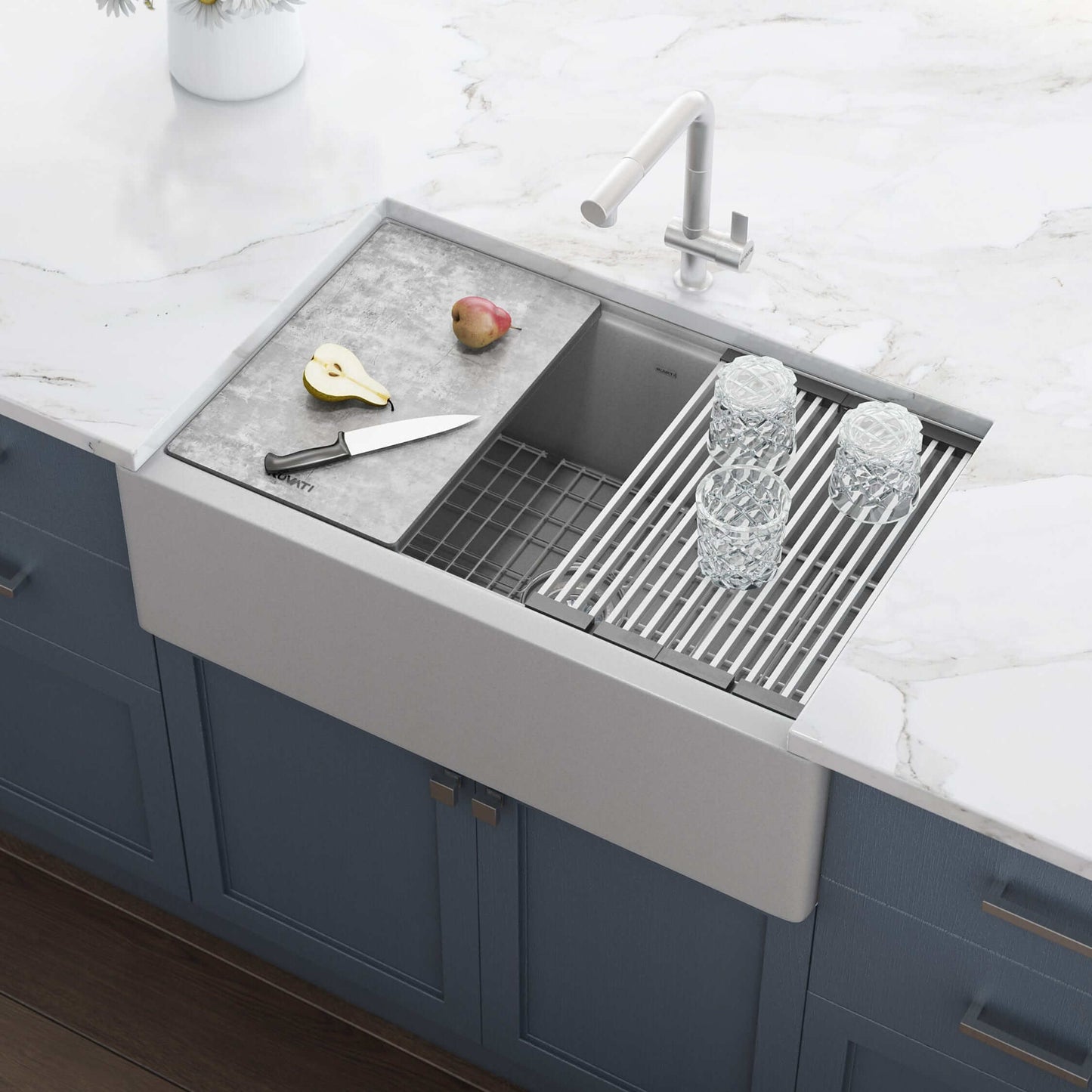 Ruvati epiCast 33" Workstation Composite Granite Kitchen Sink RVG1533GR with kitchen tools and glassware on countertop.