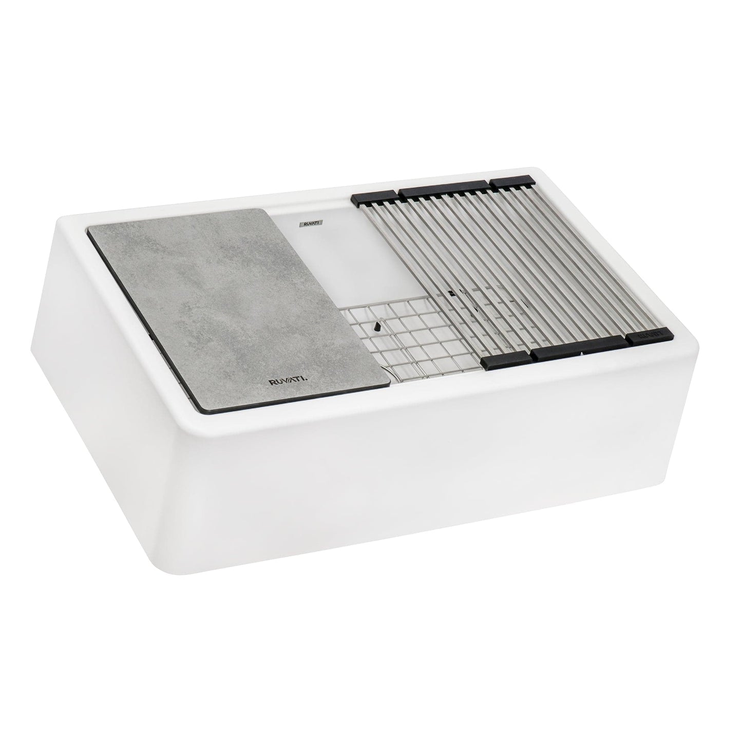 Ruvati epiCast 33" Workstation Composite Granite Kitchen Sink RVG1533WH with cutting board and dish drying rack.