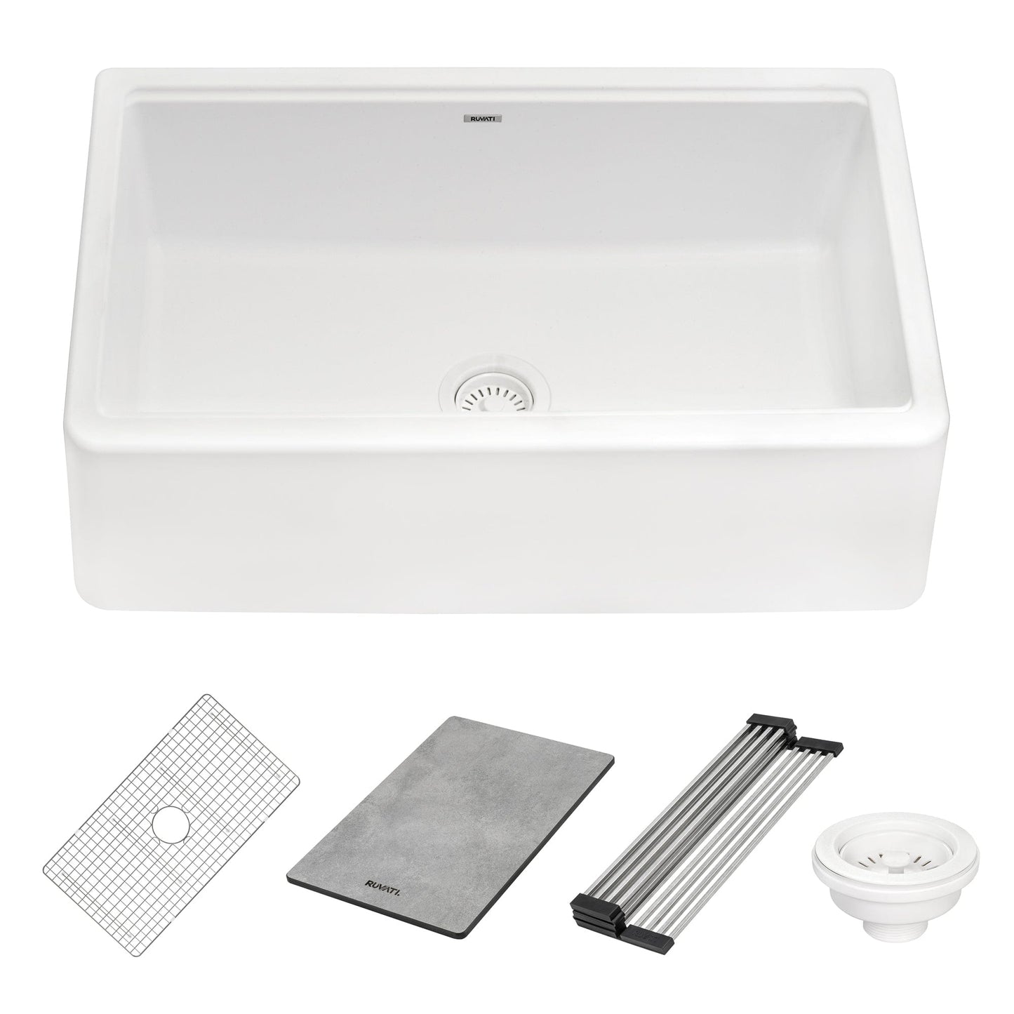 Ruvati epiCast 33" Workstation Composite Granite Kitchen Sink RVG1533WH with accessories and components.