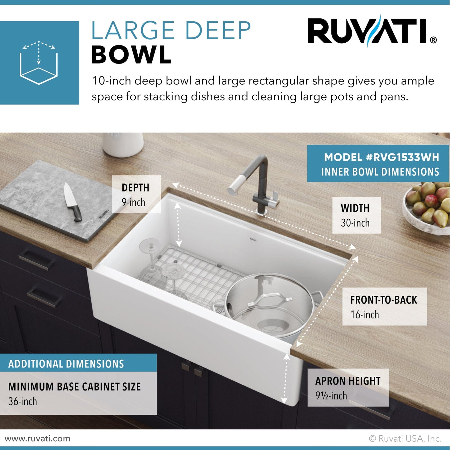 Ruvati epiCast 33" Workstation Composite Granite Kitchen Sink RVG1533WH with large deep bowl dimensions.