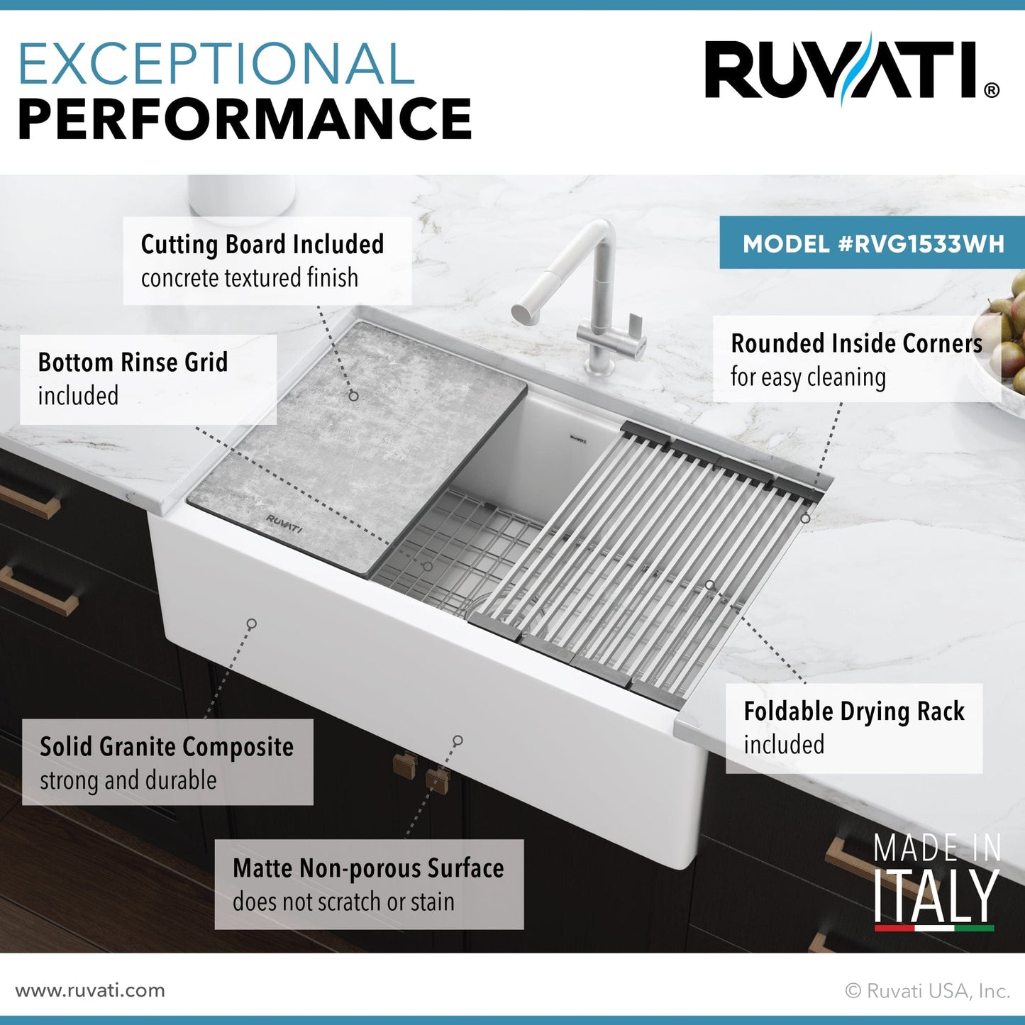 Ruvati epiCast 33" Workstation Composite Granite Kitchen Sink RVG1533WH features cutting board, bottom rinse grid, and foldable drying rack.