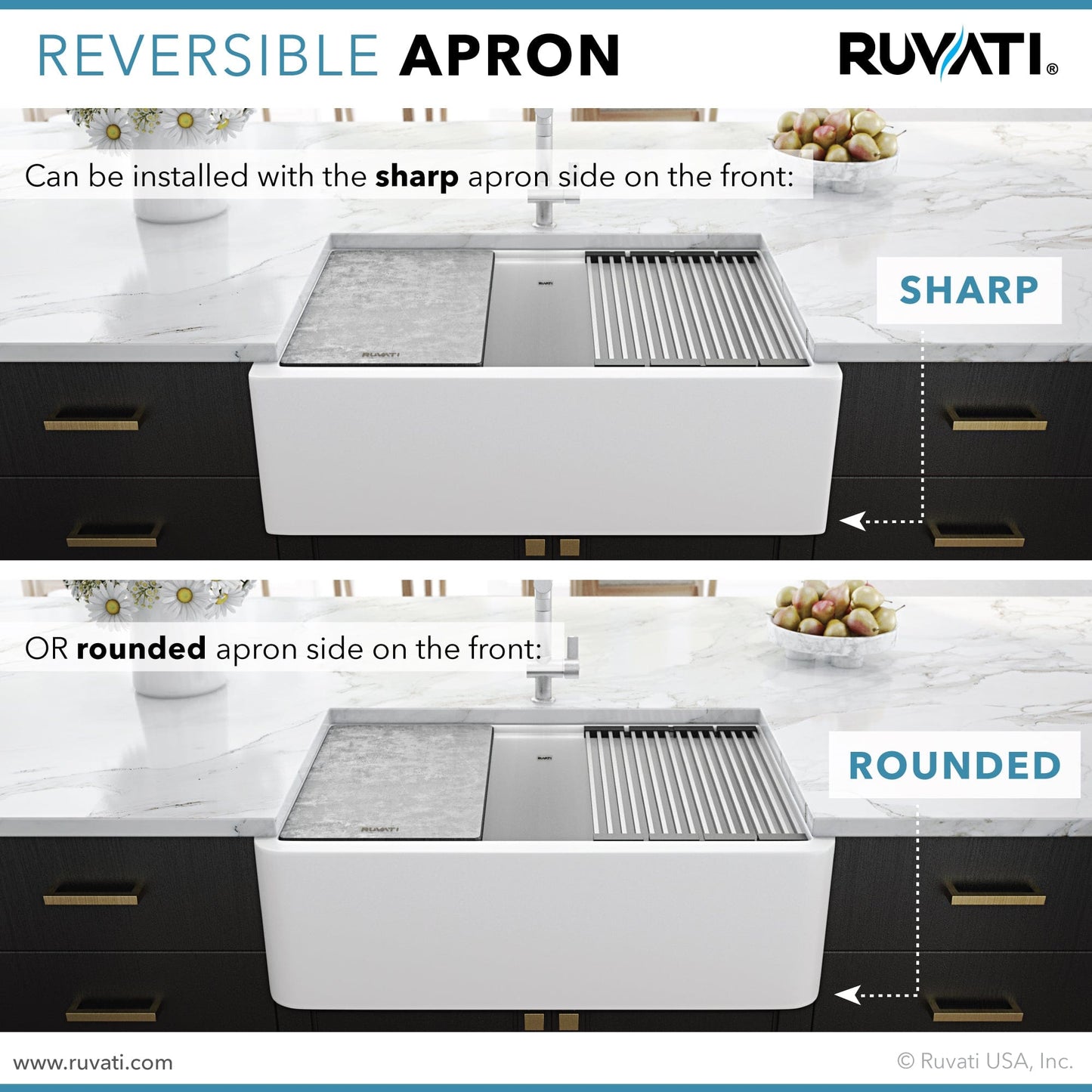 Ruvati epiCast 33" Workstation Composite Granite Kitchen Sink RVG1533WH with reversible sharp and rounded apron options.