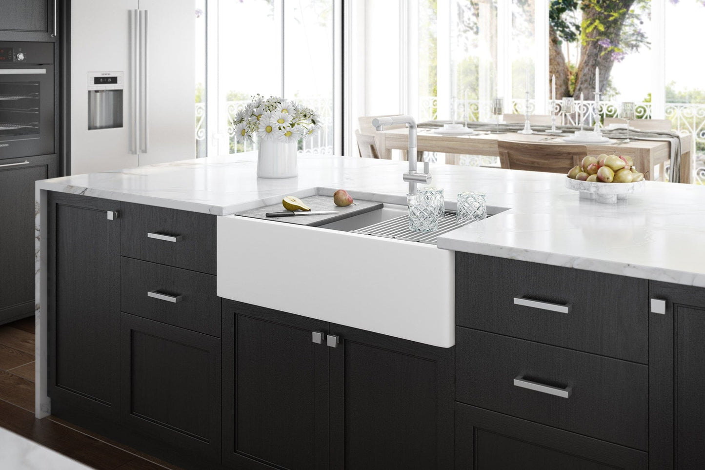 Ruvati epiCast 33" Workstation Composite Granite Kitchen Sink RVG1533WH in a modern kitchen setting with a sleek design.