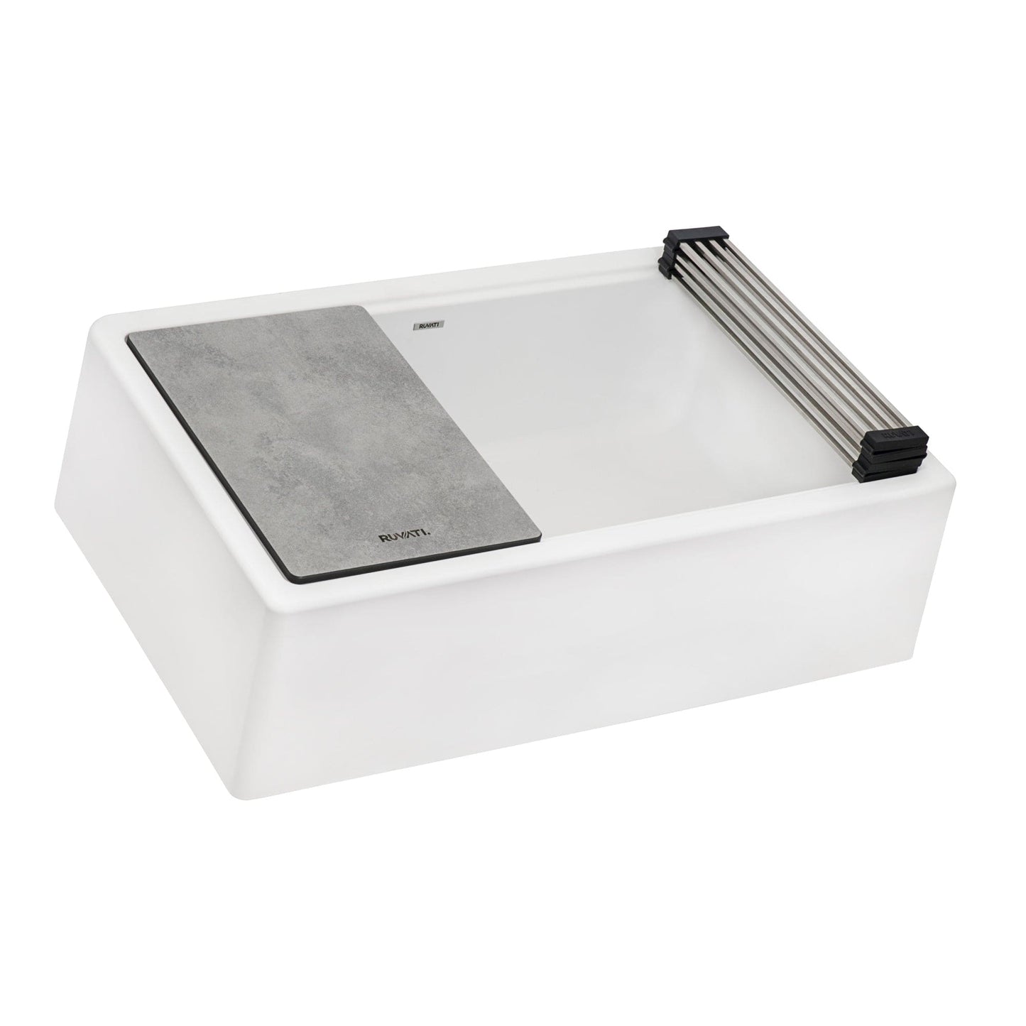 Ruvati epiCast 33" Workstation Composite Granite Kitchen Sink RVG1533WH featuring a sleek design and functional accessories.