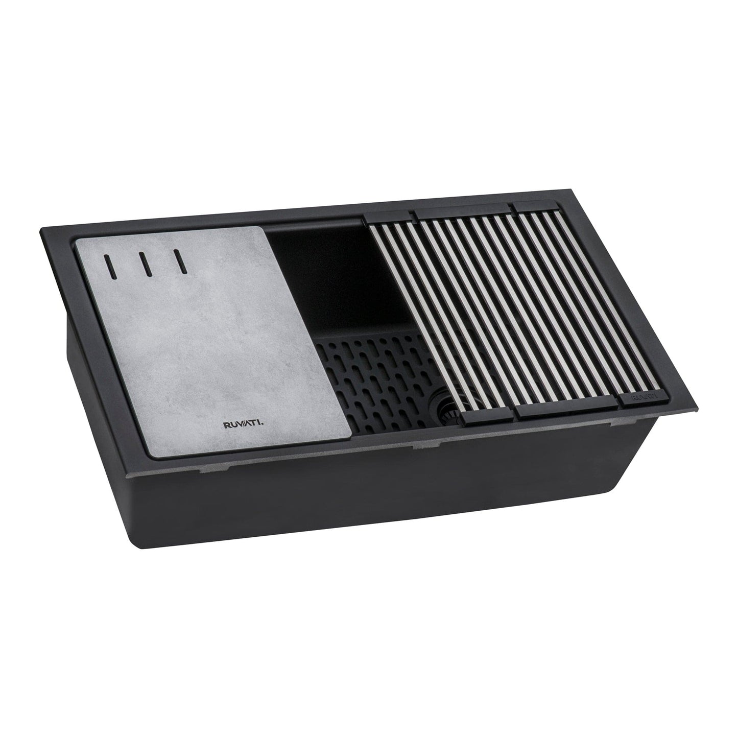 Ruvati epiStage 33" Workstation Granite Kitchen Sink RVG2302BK with cutting board and accessories