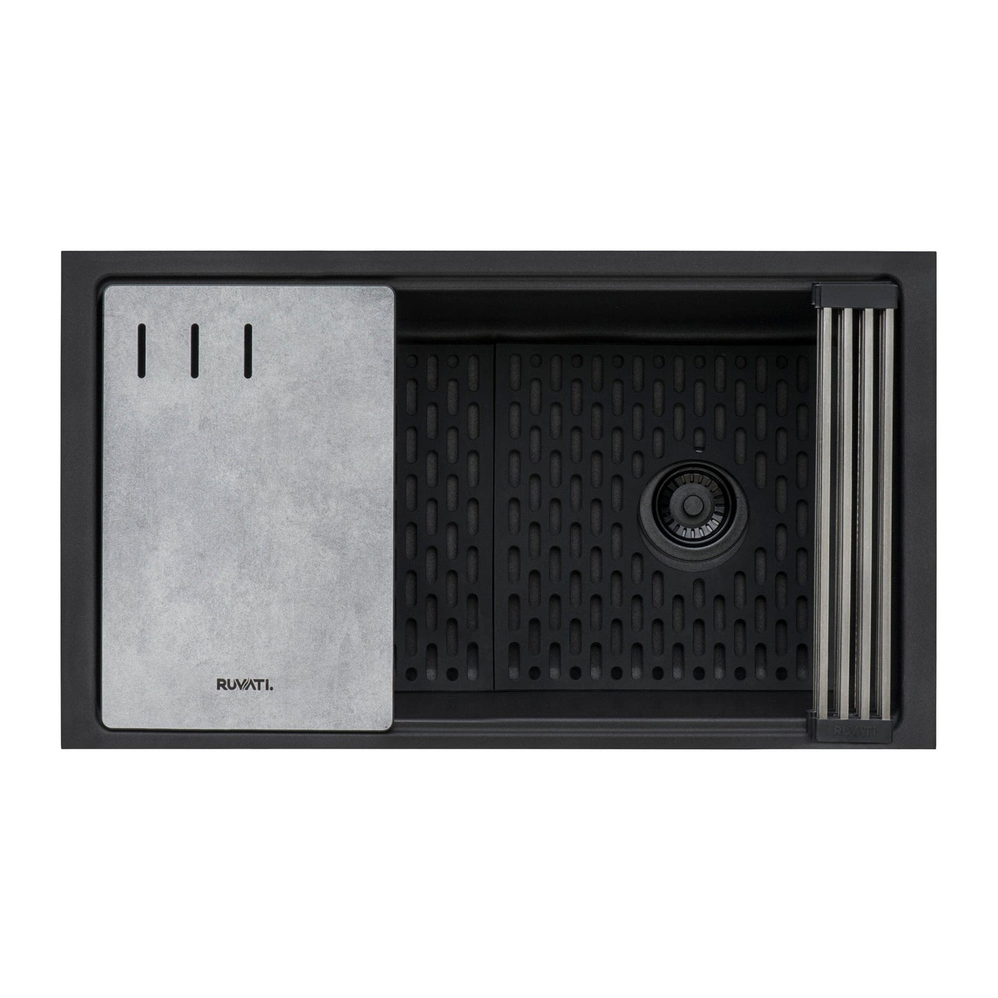 Ruvati epiStage 33" Workstation Granite Kitchen Sink RVG2302BK displayed with modern design and Midnight Black finish.
