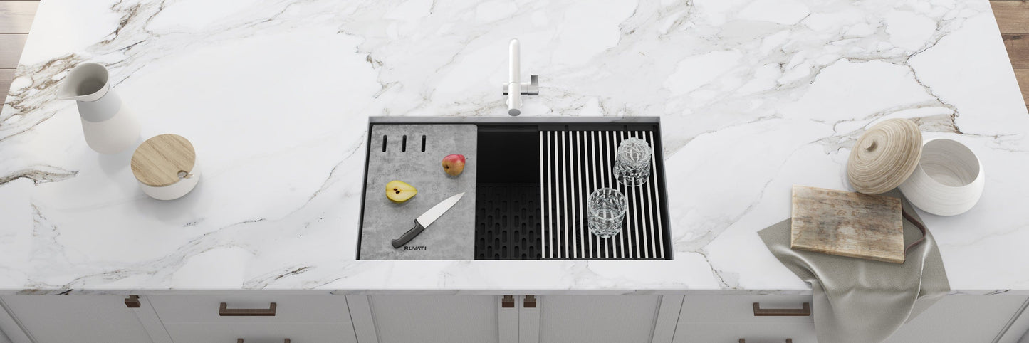 Ruvati epiStage 33" Workstation Granite Kitchen Sink RVG2302BK showcased in modern kitchen design.