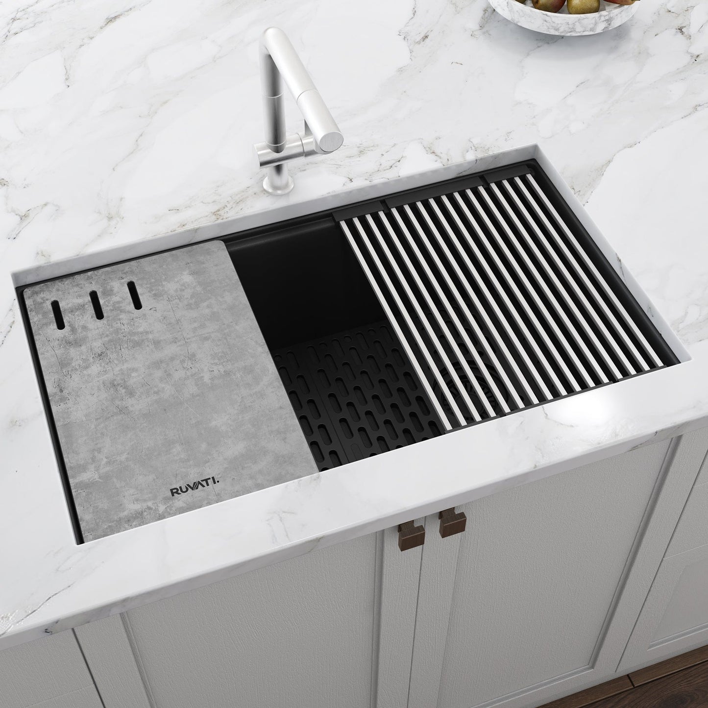 Ruvati epiStage 33" Workstation Granite Kitchen Sink RVG2302BK with modern design and stainless steel accessories.