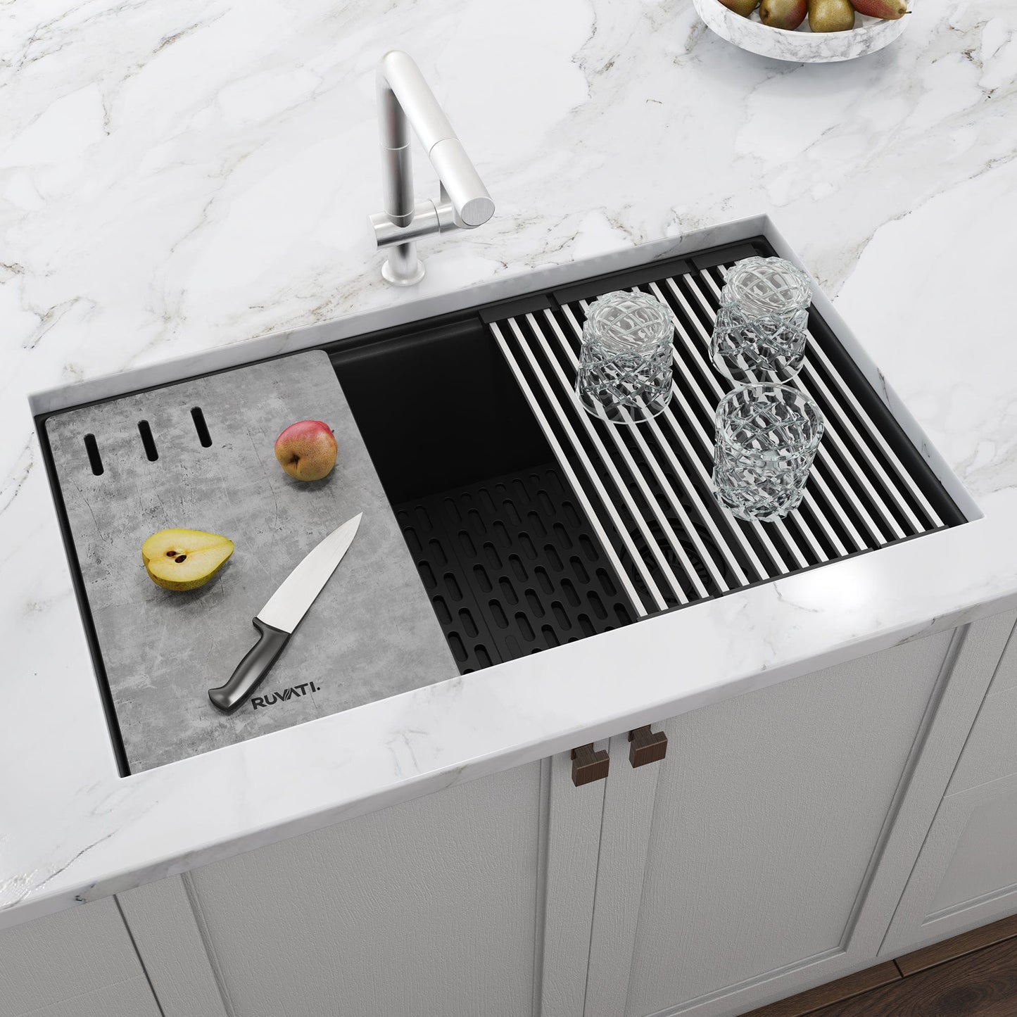 Ruvati epiStage 33" Workstation Granite Kitchen Sink RVG2302BK features a sleek design with a cutting board and drying rack.