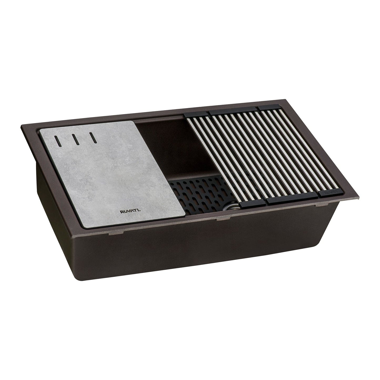 Ruvati epiStage 33" Workstation Granite Kitchen Sink RVG2302ES showcasing built-in ledges and innovative design.