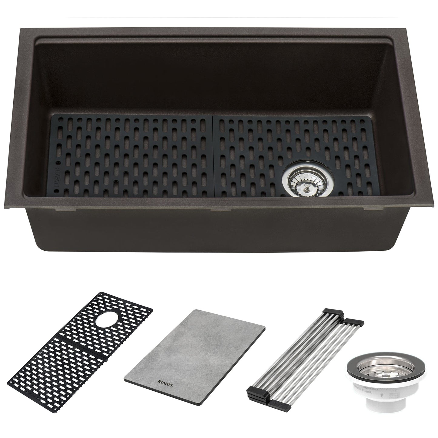 Ruvati epiStage 33" Workstation Granite Kitchen Sink RVG2302ES with accessories including cutting board and grate