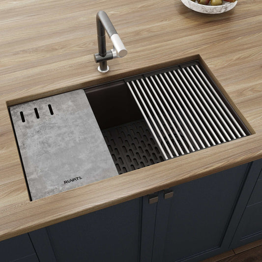 Ruvati epiStage 33" Workstation Granite Kitchen Sink RVG2302ES featuring innovative built-in ledges and sleek design.