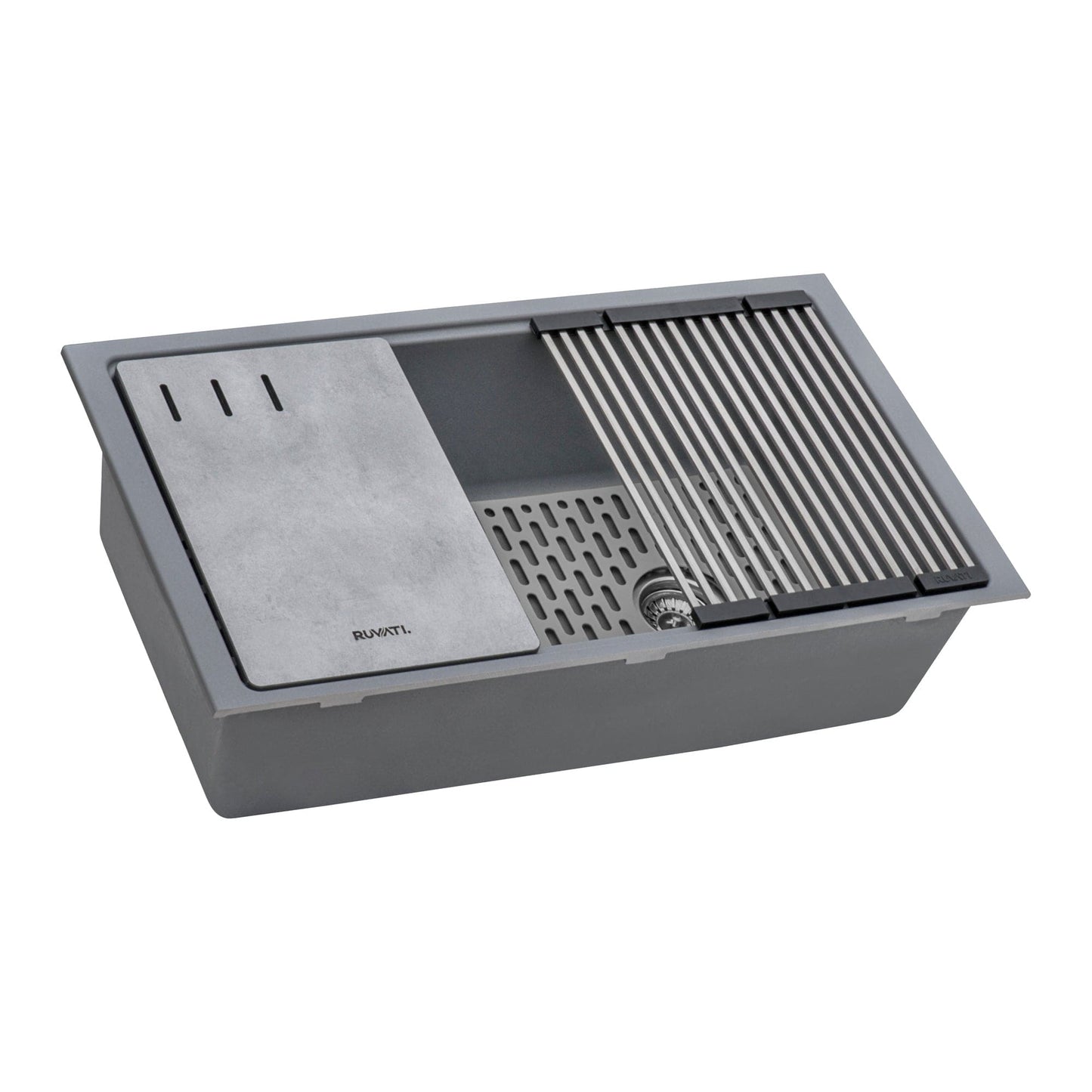 Ruvati epiStage 33" Workstation Granite Kitchen Sink RVG2302UG with built-in ledges and sliding track system.
