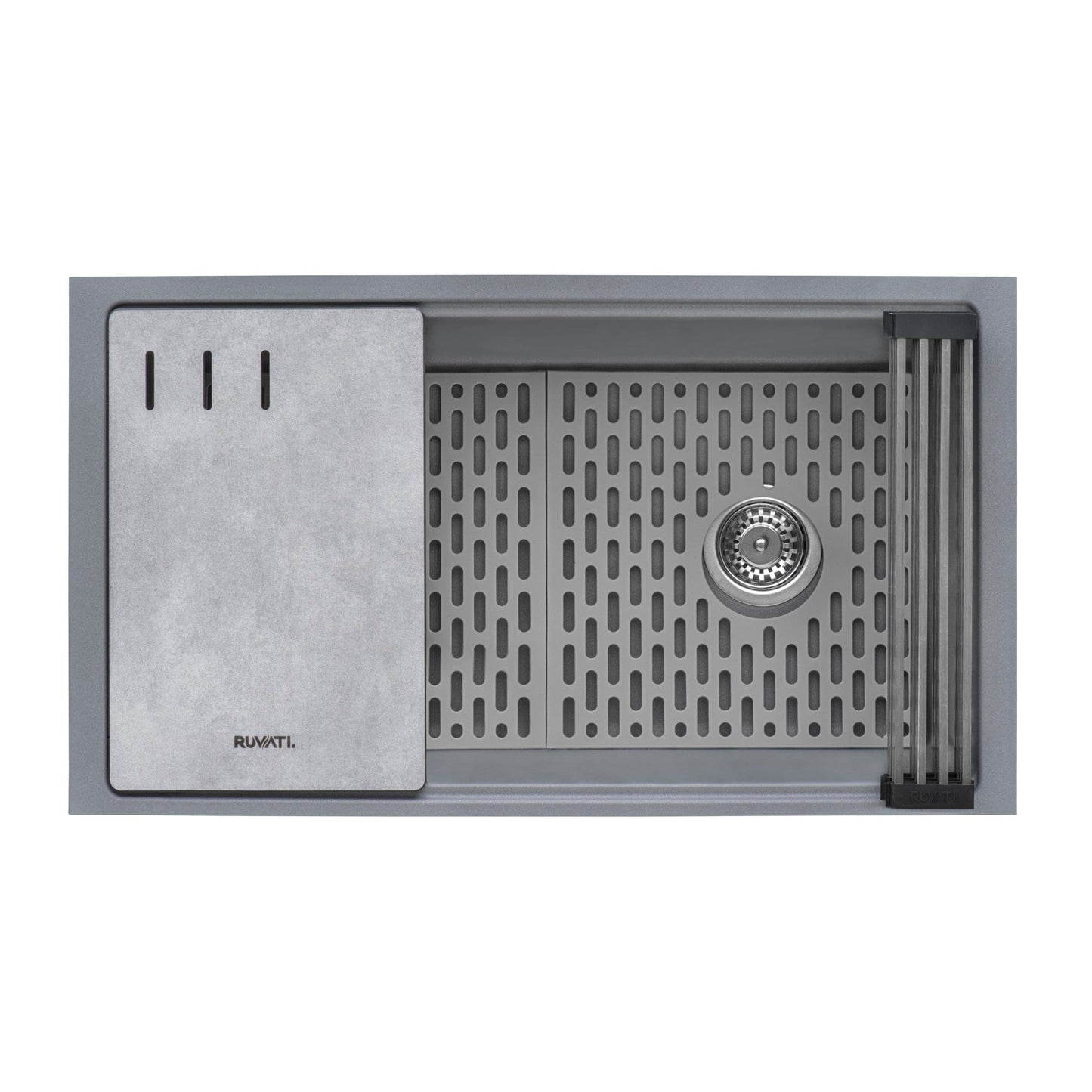 Ruvati epiStage 33" Workstation Granite Kitchen Sink RVG2302UG top view showcasing innovative design and built-in ledge.