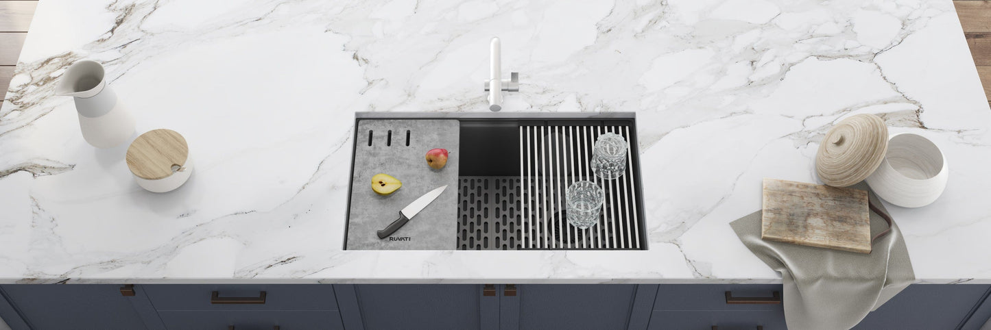 Ruvati epiStage 33" Workstation Granite Kitchen Sink RVG2302UG installed in a modern kitchen countertop.