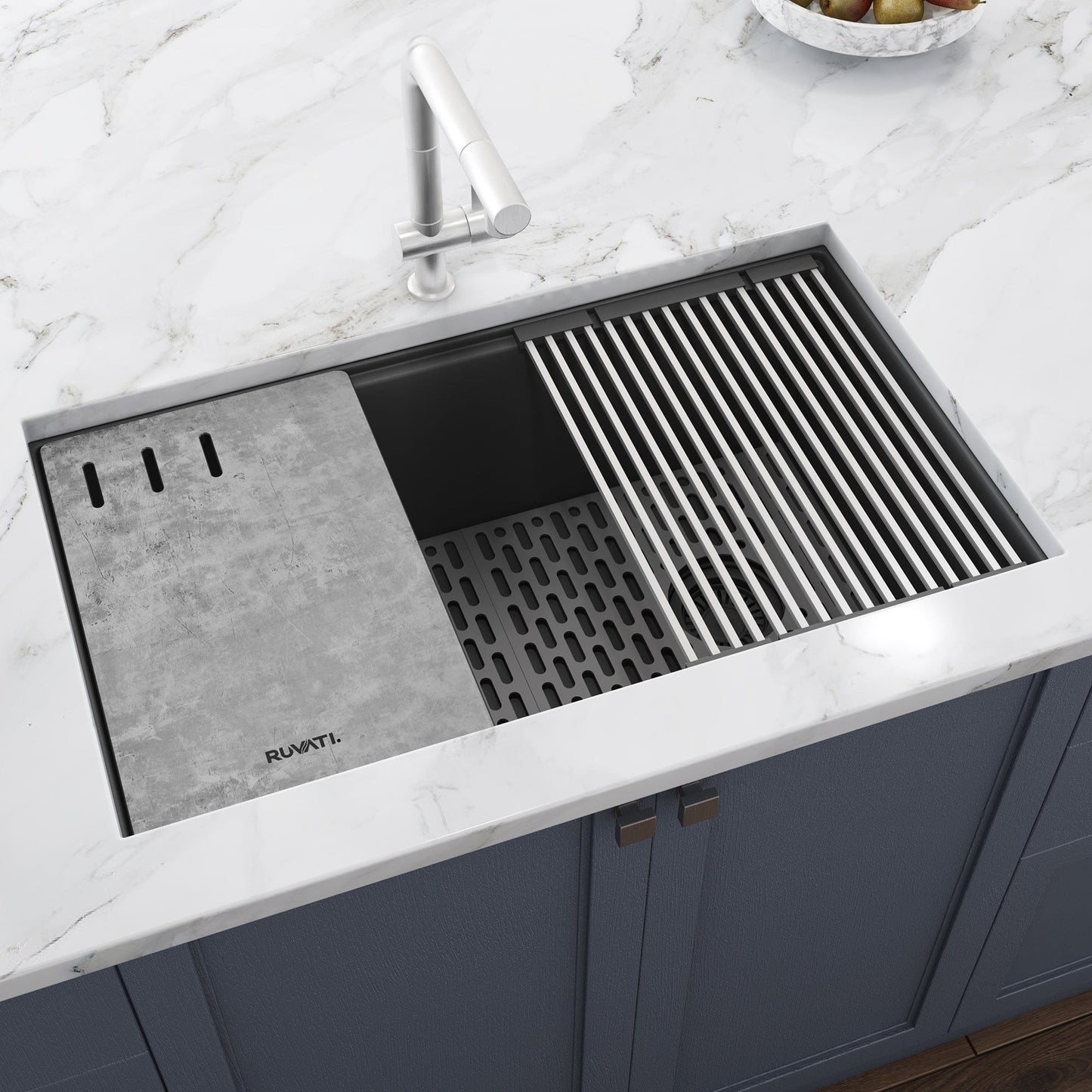 Ruvati epiStage 33" Workstation Granite Kitchen Sink RVG2302UG with innovative sliding rail design.