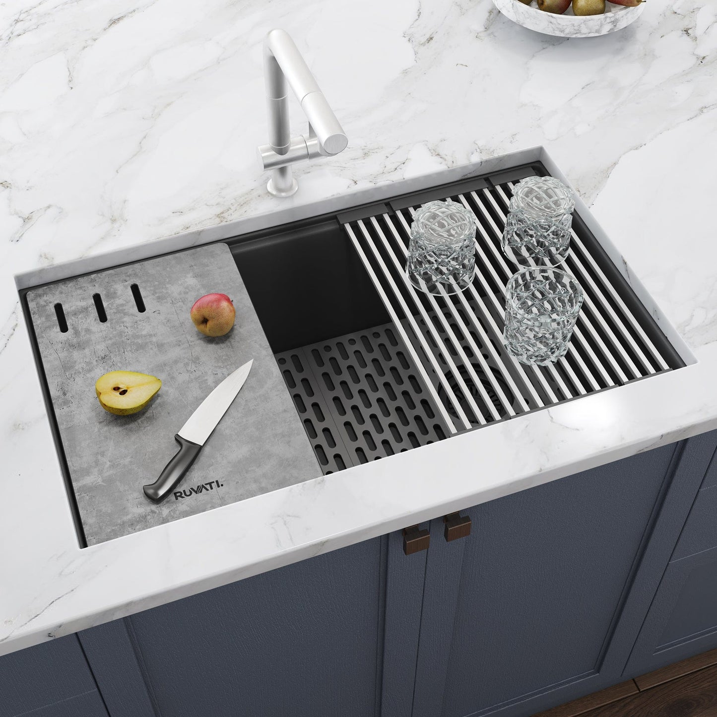 Ruvati epiStage 33" Workstation Granite Kitchen Sink RVG2302UG with built-in ledges and kitchen accessories
