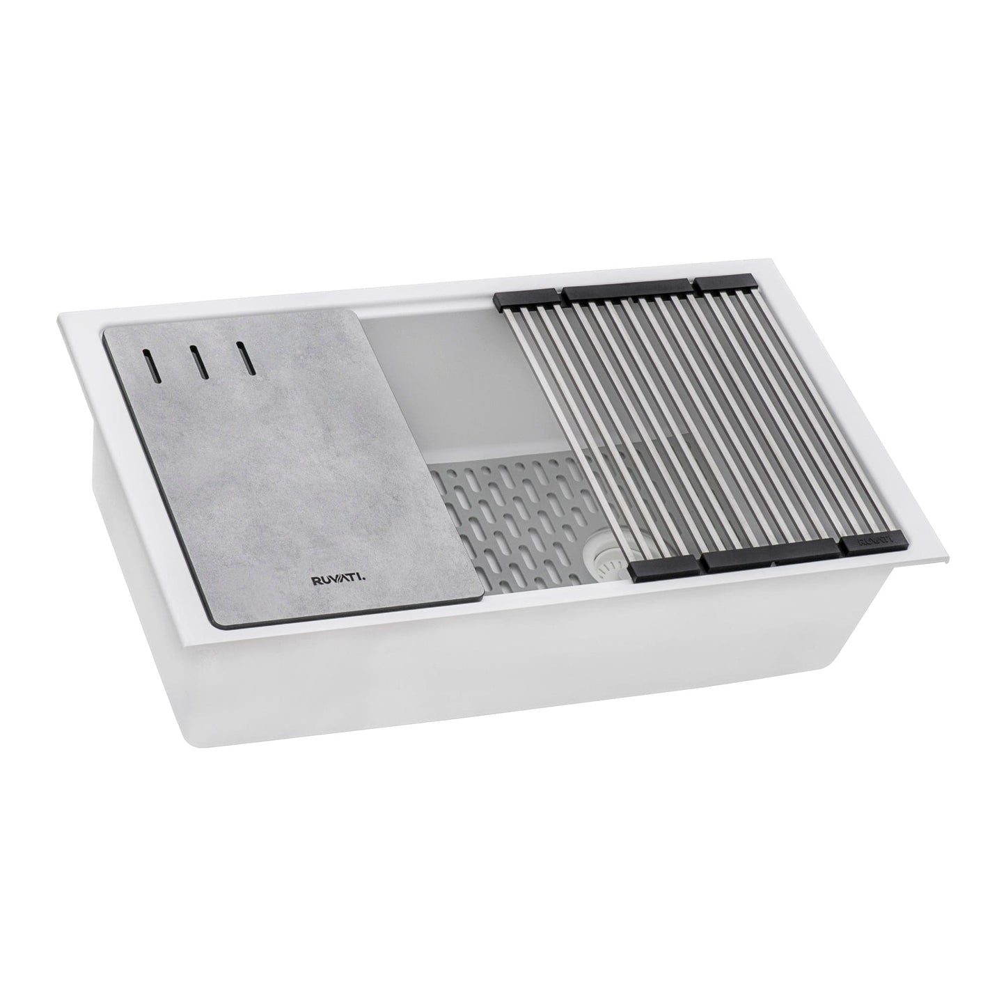 Ruvati epiStage 33" Workstation Granite Kitchen Sink RVG2302WH with sink grate and cutout.