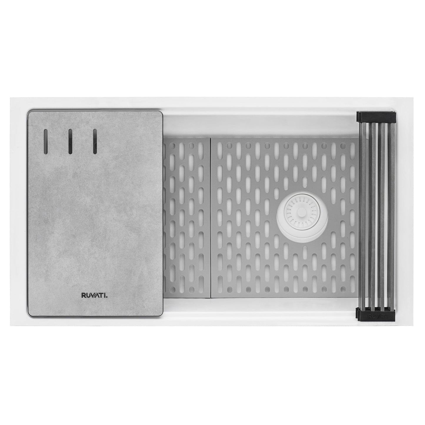 Ruvati epiStage 33" Workstation Granite Kitchen Sink RVG2302WH with cutting board and accessories.