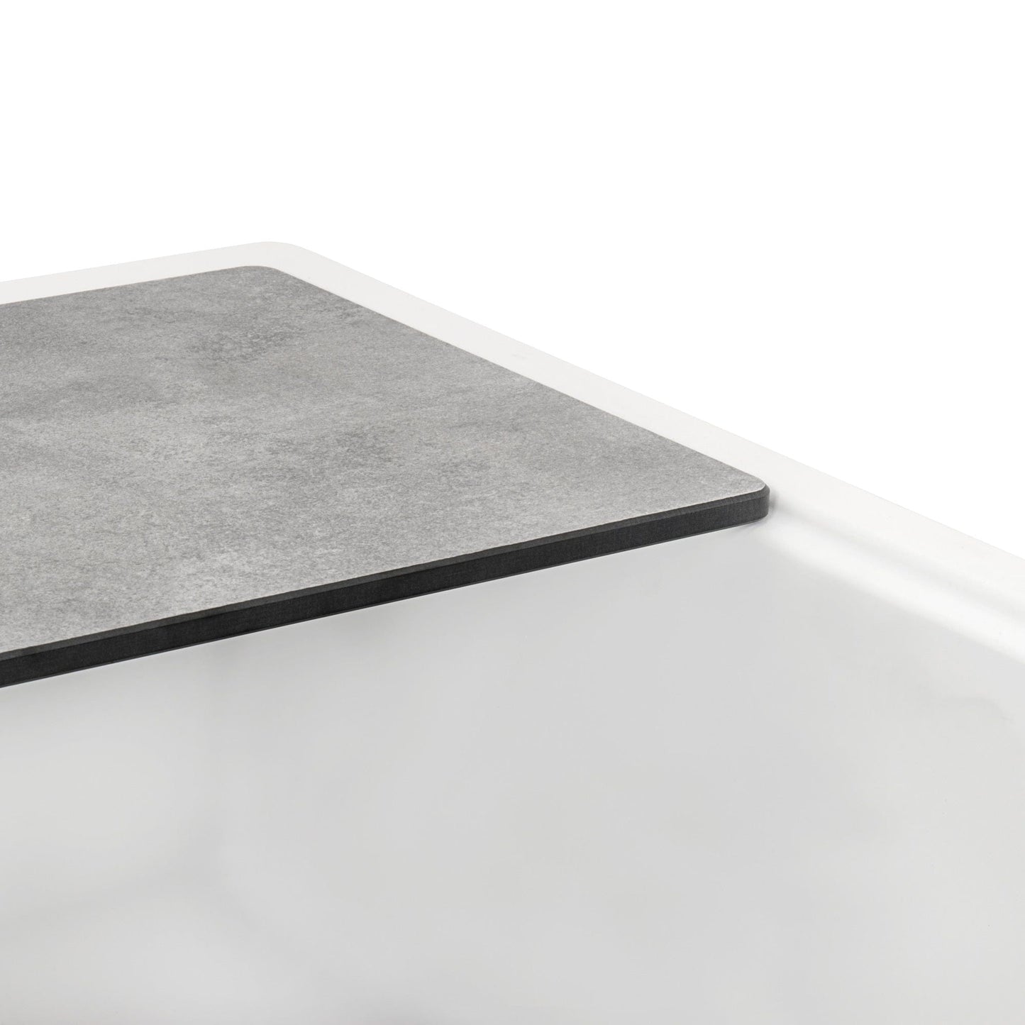 Ruvati epiStage 33" Workstation Granite Kitchen Sink RVG2302WH with elegant gray countertop and white sink.