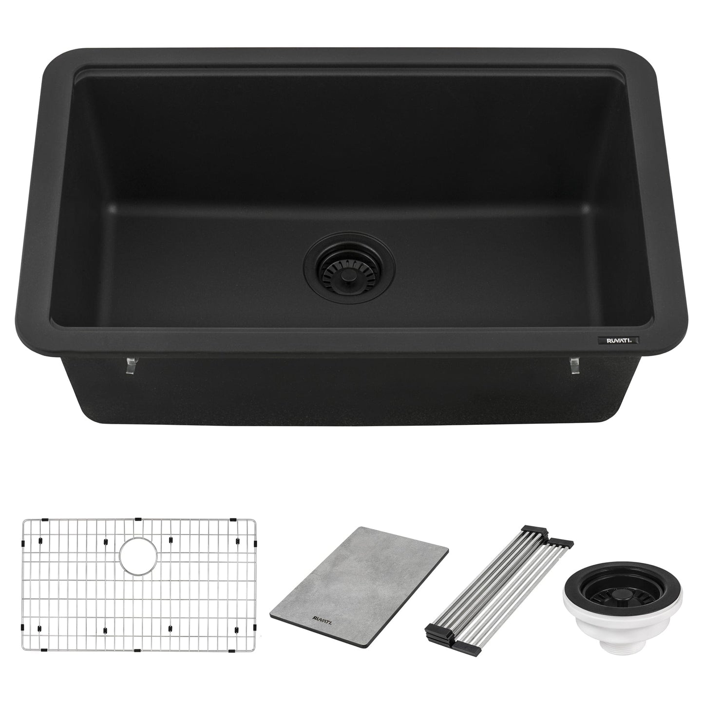Ruvati epiStage 30" Workstation Granite Kitchen Sink RVG2310BK with accessories and grid.