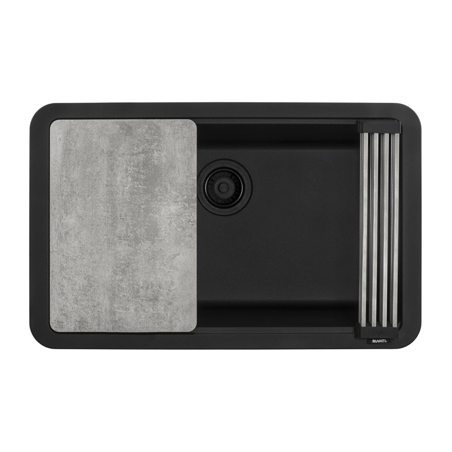 Ruvati epiStage 30" Workstation Granite Kitchen Sink RVG2310BK top view with workstation features