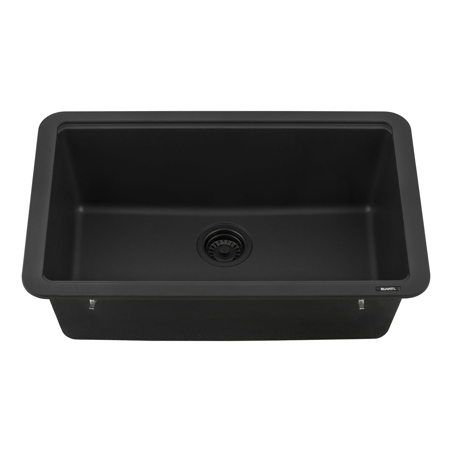 Ruvati epiStage 30" Workstation Granite Kitchen Sink RVG2310BK top view showing sleek black design.