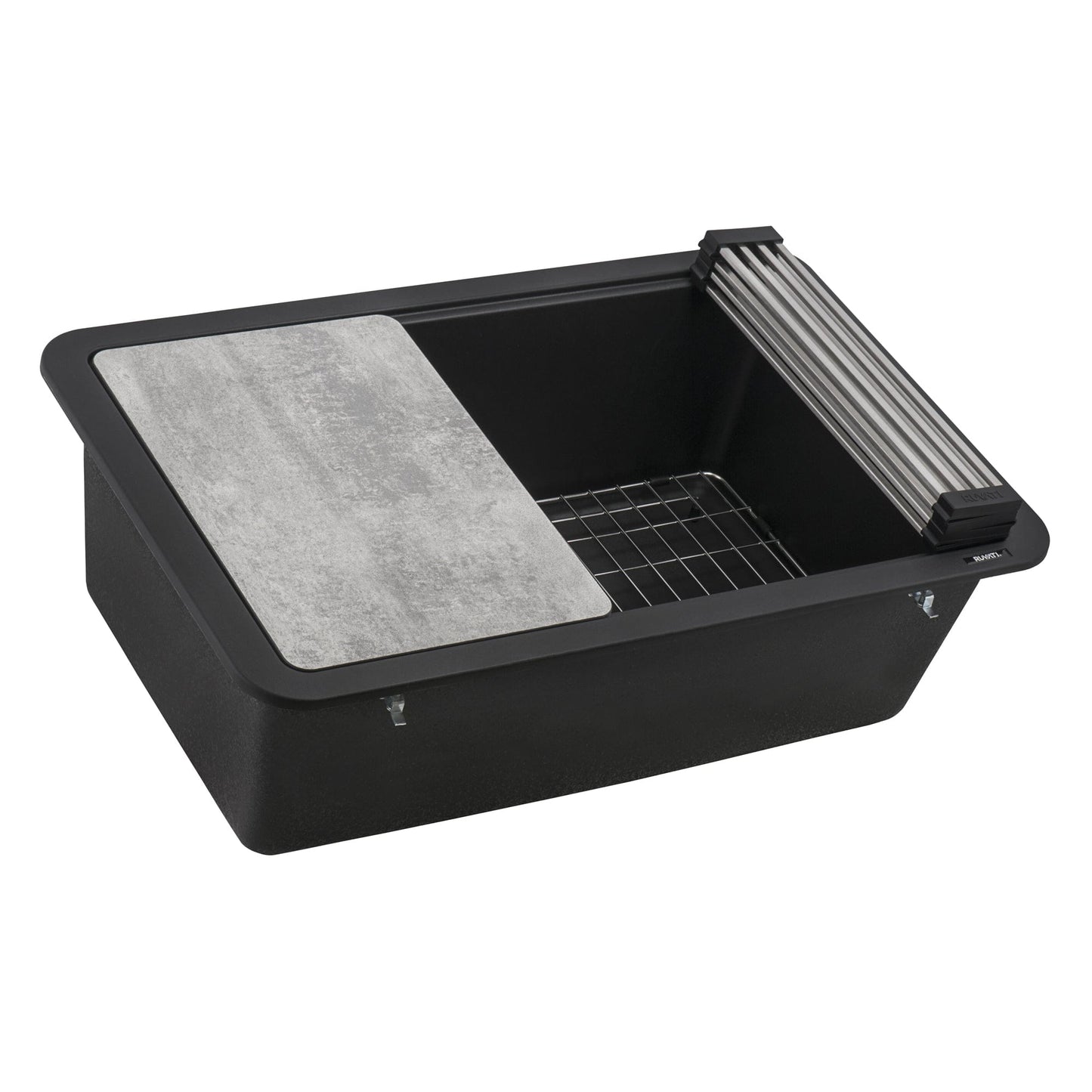 Ruvati epiStage 30" Workstation Granite Kitchen Sink RVG2310BK with cutting board and grate.
