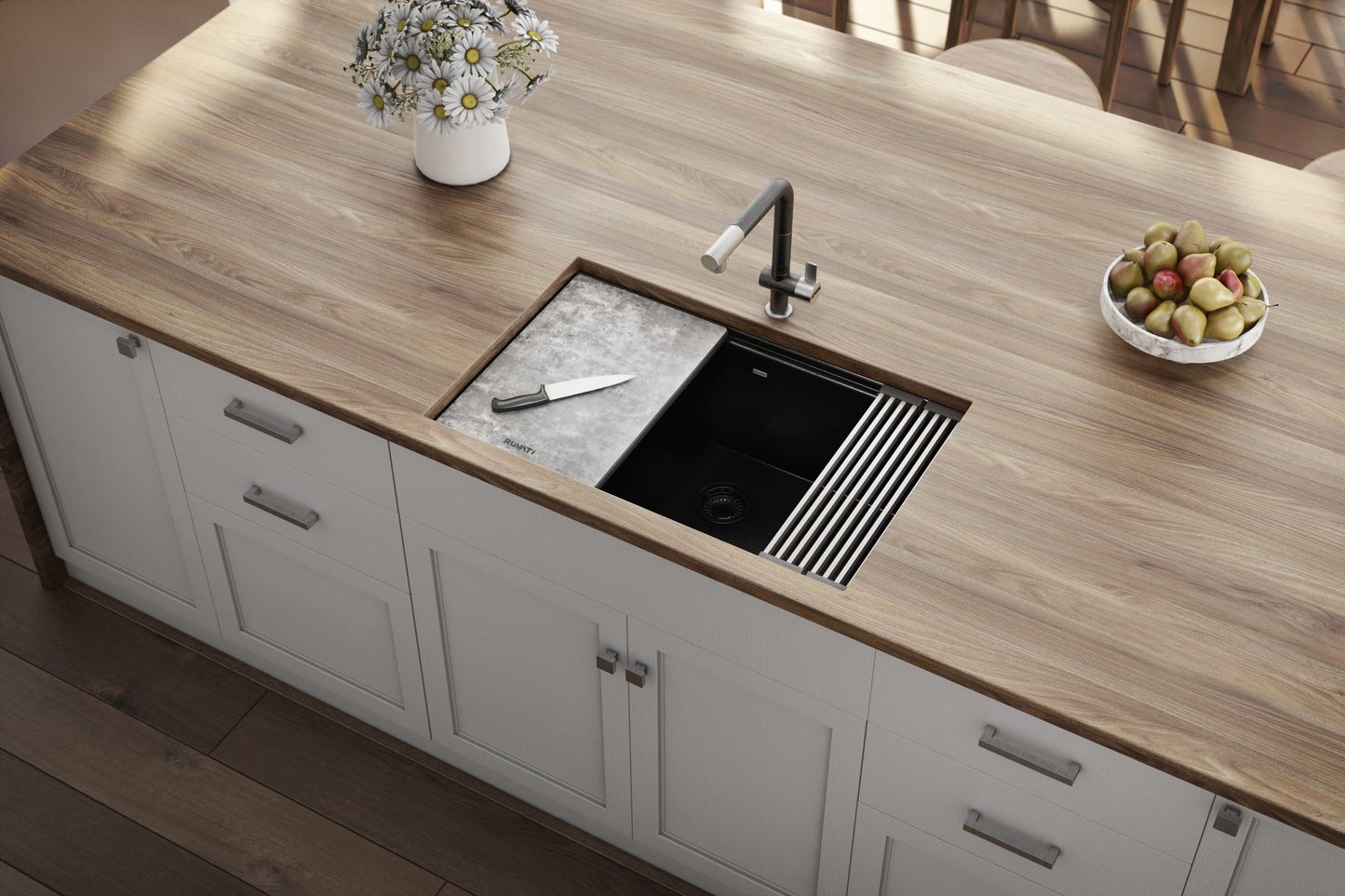Ruvati epiStage 30" Workstation Granite Kitchen Sink RVG2310BK integrated into modern kitchen countertop.