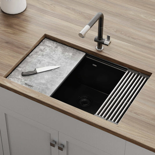 Ruvati epiStage 30" Workstation Granite Kitchen Sink RVG2310BK with cutting board and faucet